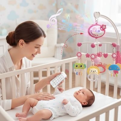 maman ajustant mobile musical bebe au lit