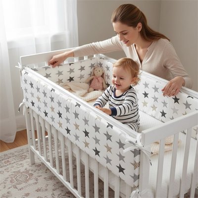 Maman et fils jouant dans un lit équipé d'un tour de lit bébé 