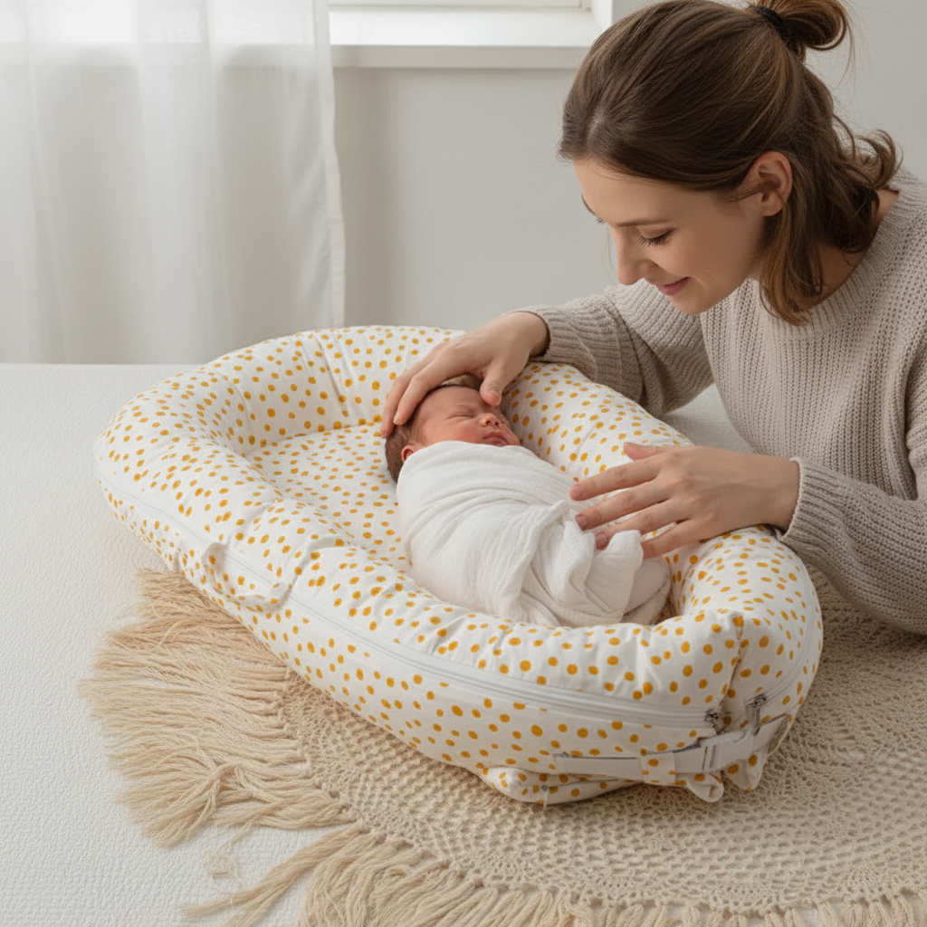 Maman installant son bébé dans réducteur pois moutarde
