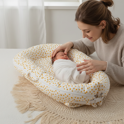 Maman installant son bébé dans réducteur pois moutarde