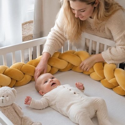 Maman installe son bébé avec tour de lit tresse jaune 