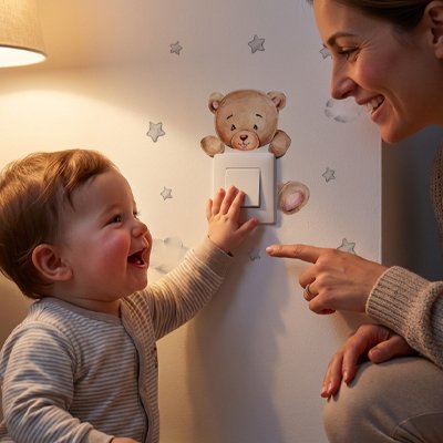 Maman montrant un interrupteur avec stickers muraux enfant motif ours à son bébé
