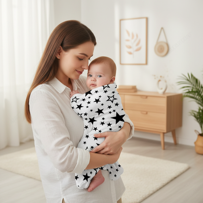 Maman portant son bébé avec la couverture étoilée