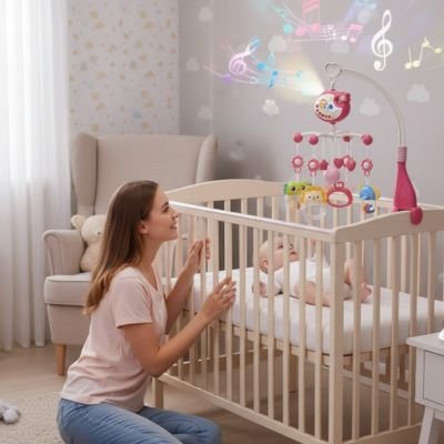 maman regardant mobile musical bebe dans chambre
