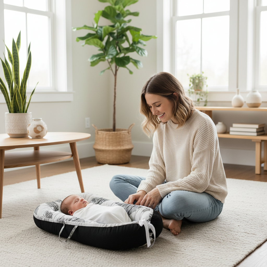Maman souriante avec bébé dans nid bébé feuilles tropicales
