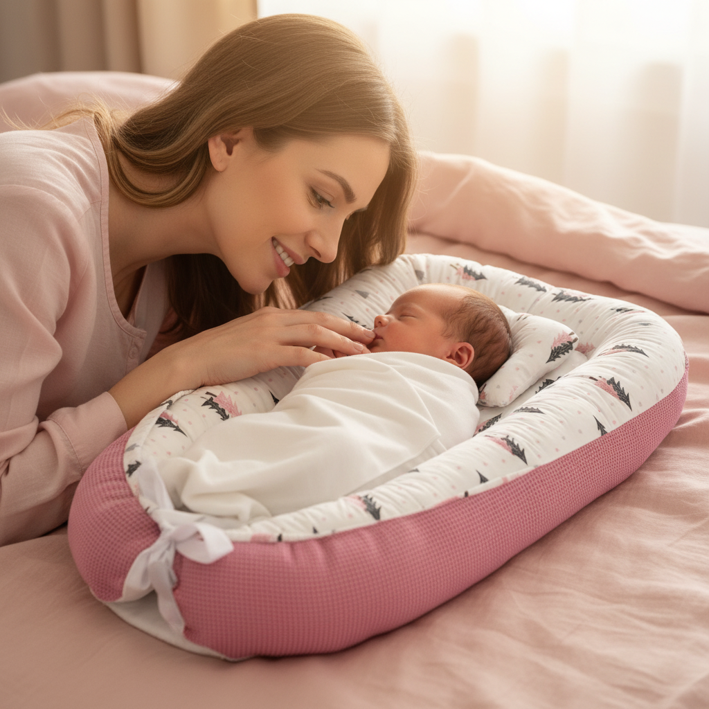 Maman souriante avec bébé dans réducteur de lit évolutif sapins roses
