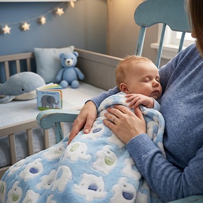 maman tenant son bebe avec couverture bébé bleu