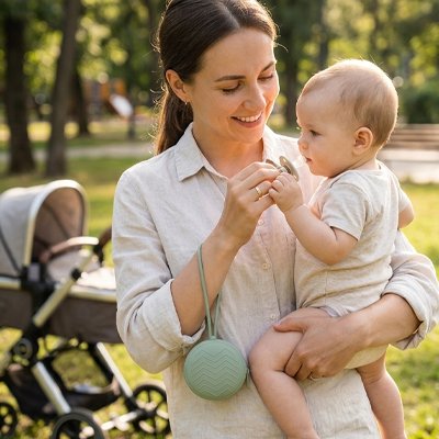 Maman tenant son bebe et une boite a tetine a l'exterieur
