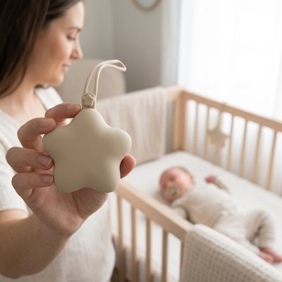 Maman tenant une boite tetine en forme d'etoile pres d'un lit de bebe