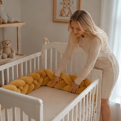 Maman touche un tour de lit tresse pour bébé