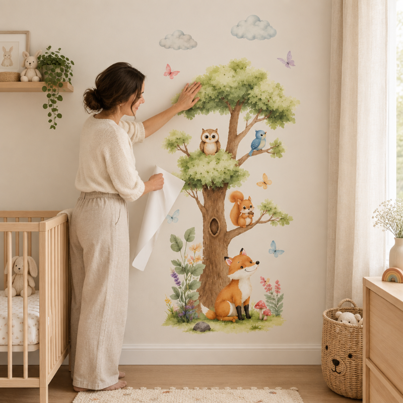 maman posant des stickers muraux arbre sur le mur d'une chambre de bébé