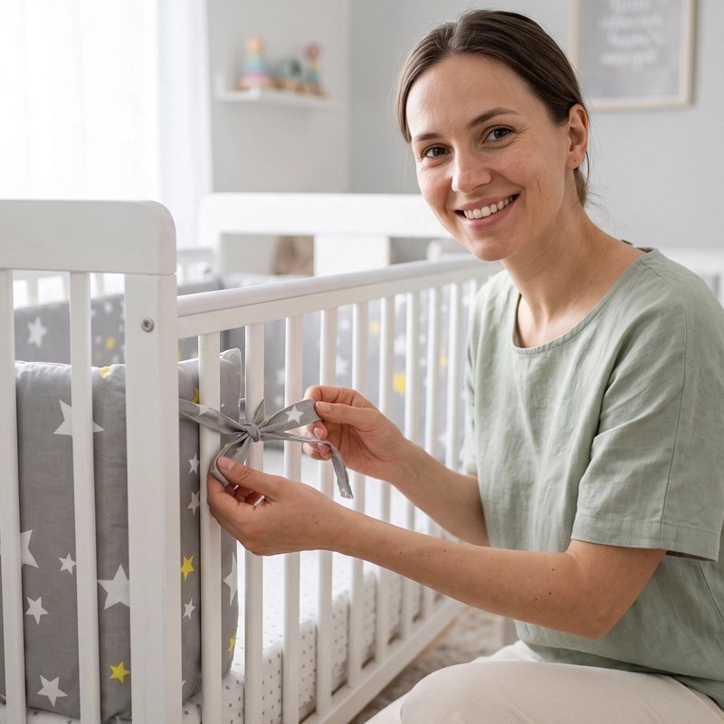 Mère ajustant la fermeture éclair et les fixations d'un tour de lit bébé gris et blanc.