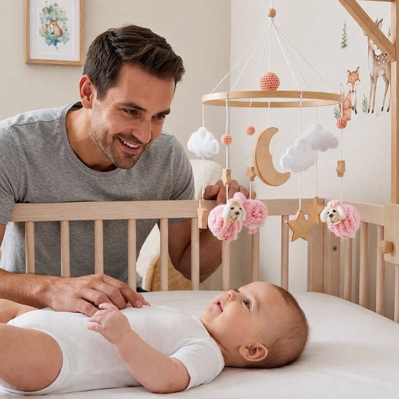 mobile bébé fait main  en bois nature, parent regardant bébé