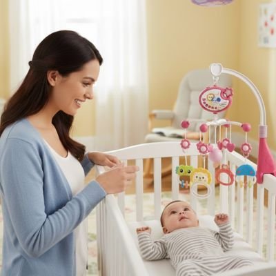 mobile musical bebe suspendu sur lit a barreaux