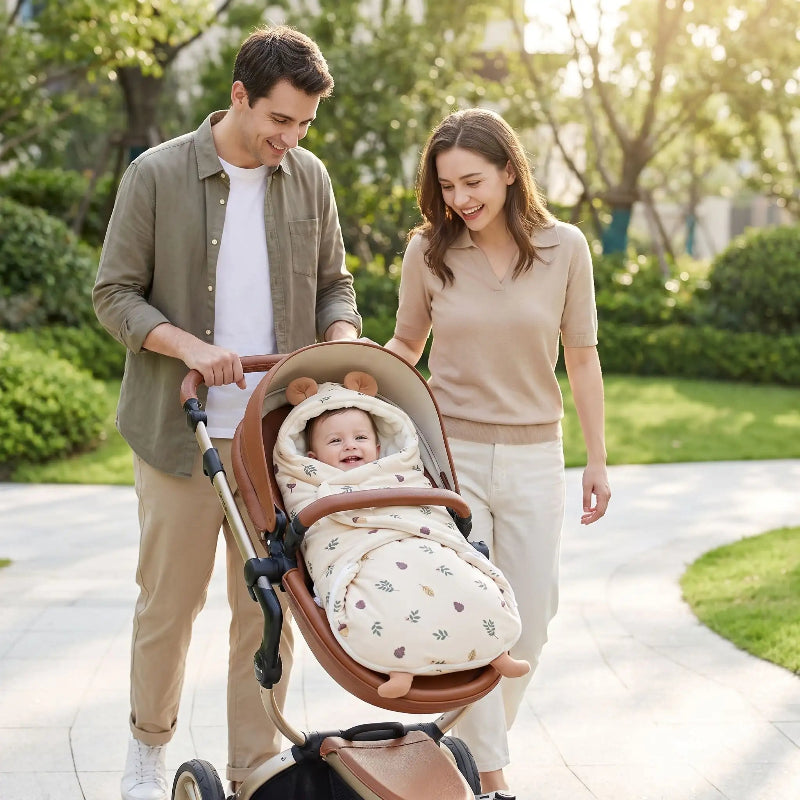 nid d'ange bébé hiver balade en poussette avec les parents