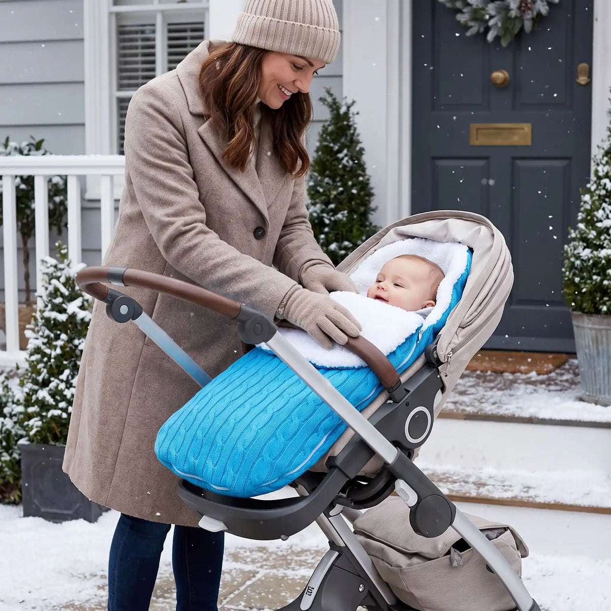 nid d'ange poussette bleu tricot câble sherpa bébé promenade hiver