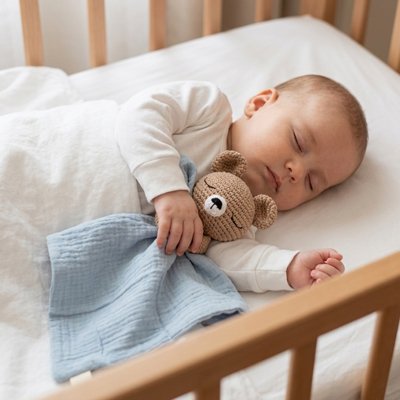 nourrisson tenant doudou bebe bleu