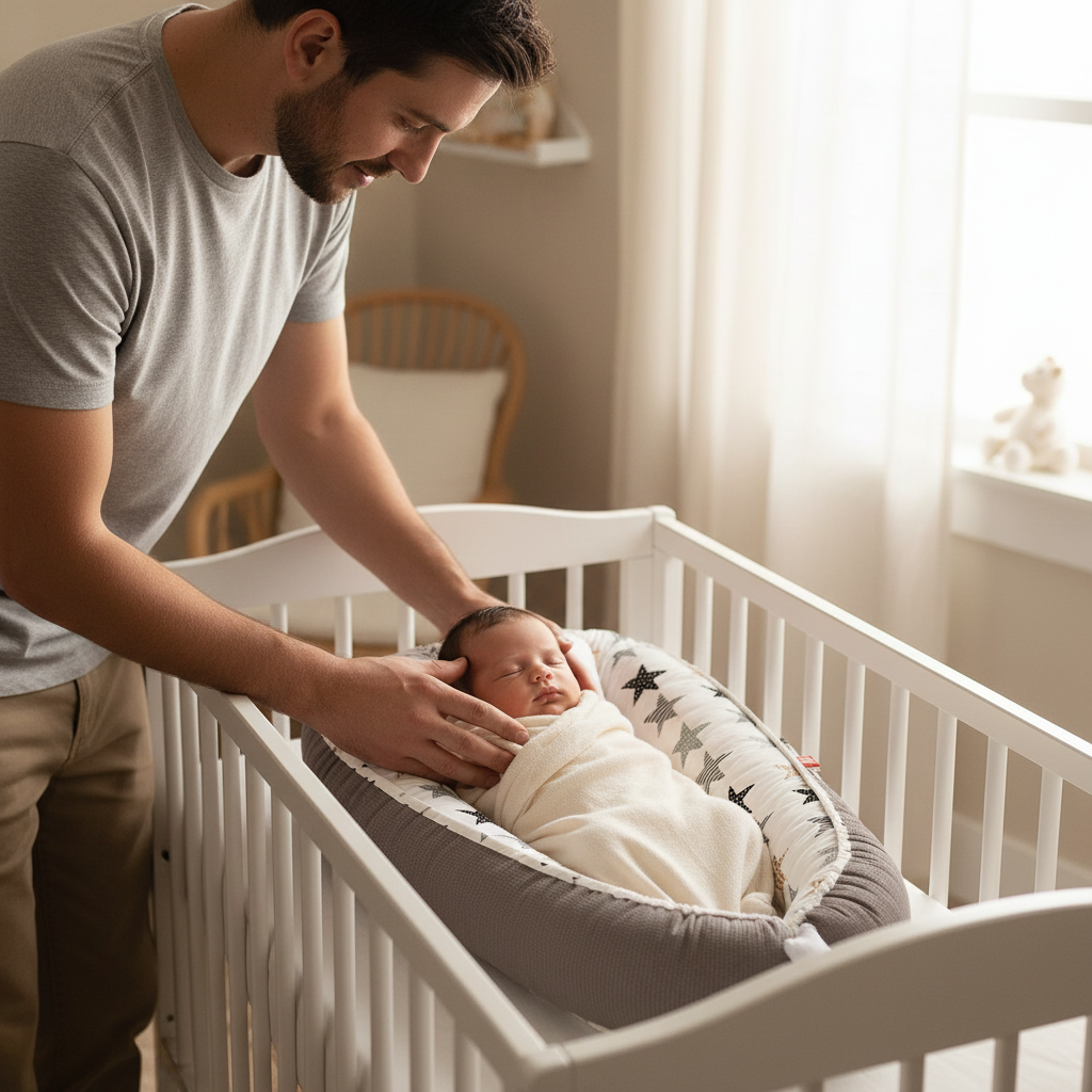 Papa installant son bébé dans le réducteur de lit respirant étoiles