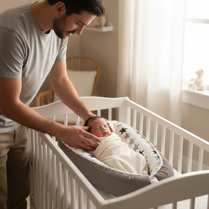 Papa installant son bébé dans le réducteur de lit respirant étoiles