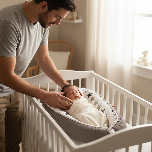 Papa installant son bébé dans le réducteur de lit respirant étoiles
