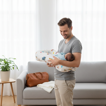 Papa portant le réducteur véhicules et son bébé
