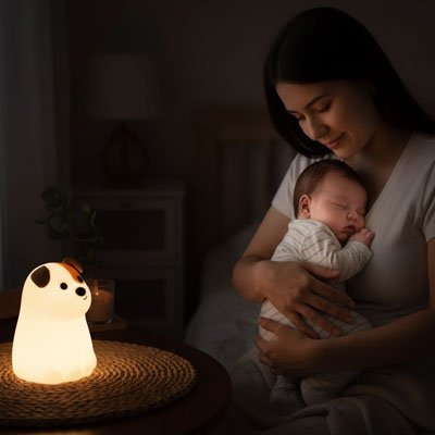Parent assis tenant un bébé dans une chambre éclairée Veilleuse bébé silicone rechargeable