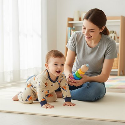 Parents jouent avec bébé en pyjama bébé beige bleu.