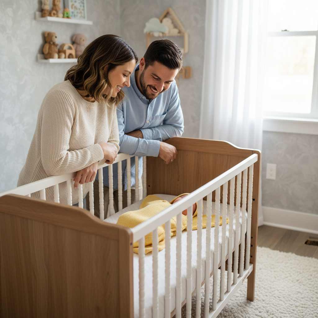 Parents souriants regardant bébé dans couverture étoile jaune