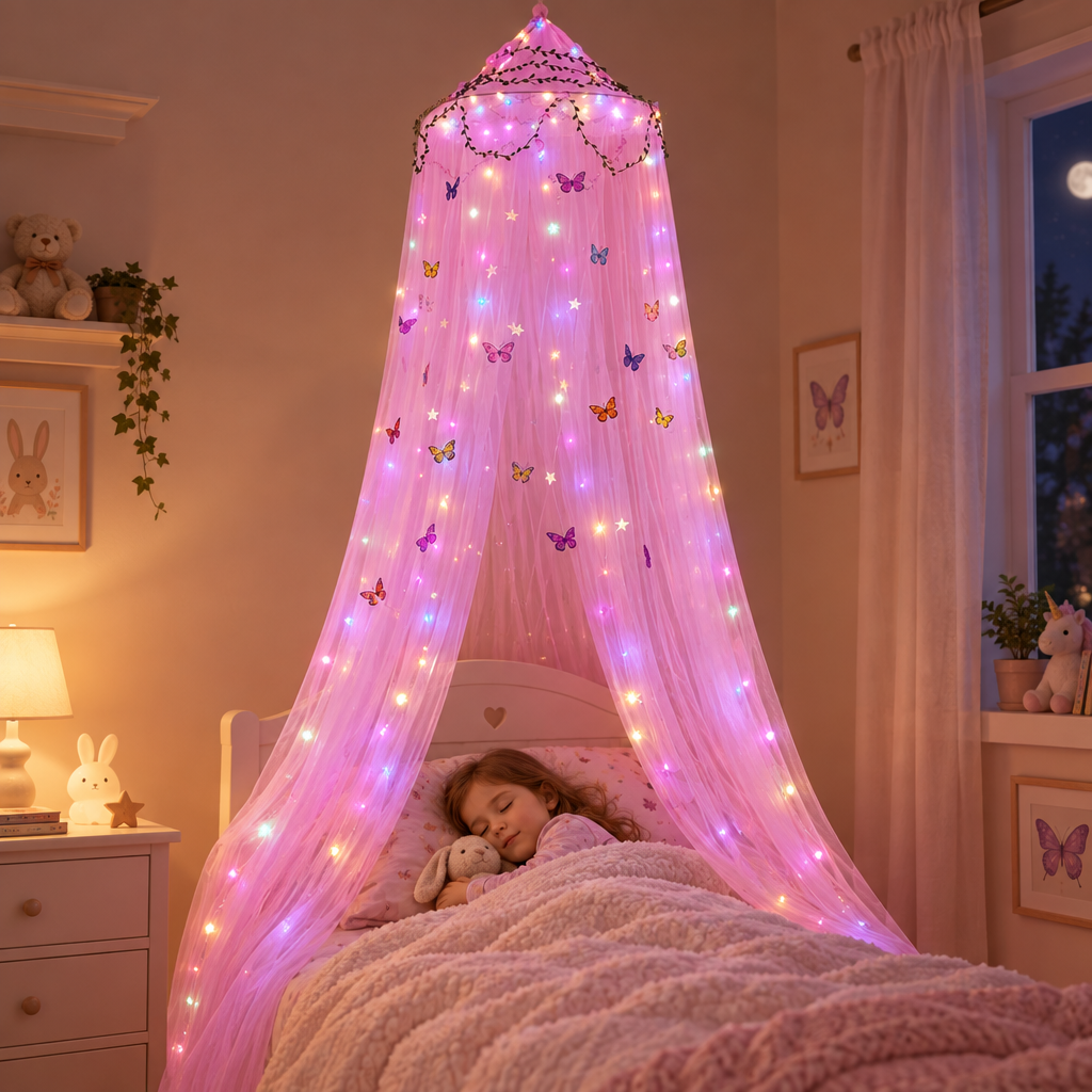 ciel de lit lumineux rose à motifs papillons avec fillette endormie