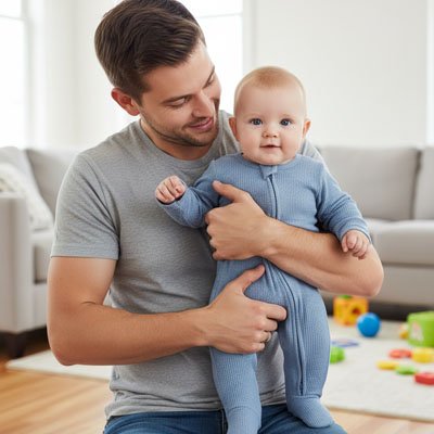 	pyjama bebe chaud porte par bebe dans les bras de papa