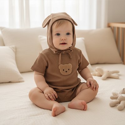 	pyjama bebe garcon marron porte par bebe assis