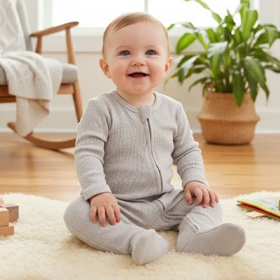 	pyjama bebe porte par bebe assis au sol