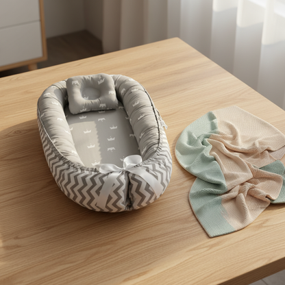 Réducteur de lit respirant couronnes gris sur table en bois avec couverture bébé