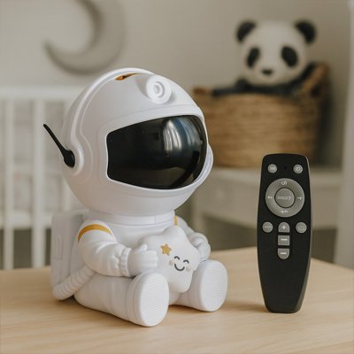 Robot veilleuse projetant étoiles au plafond avec télécommande