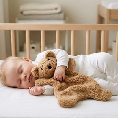 Sommeil calme bébé avec doudou ours respirant marron 