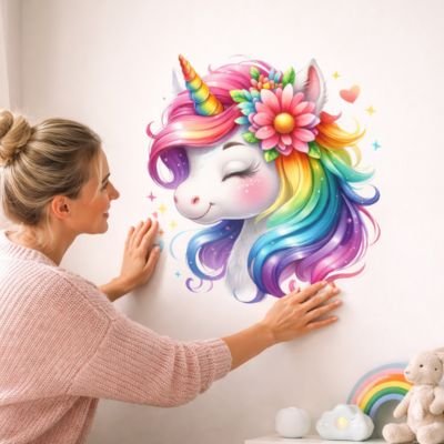 Sticker mural tête licorne pour chambre bébé