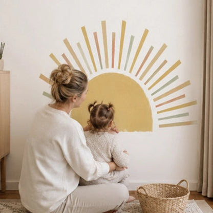 Stickers muraux chambre tête de lit soleil pastel, maman et enfant admirant le décor