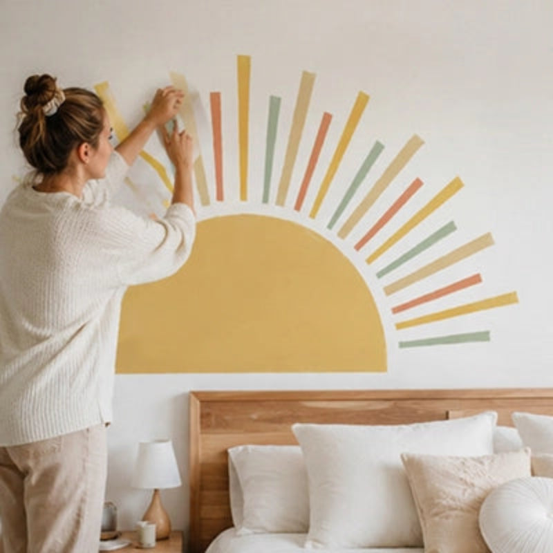 Stickers muraux chambre tête de lit soleil en cours de pose au-dessus d’un lit