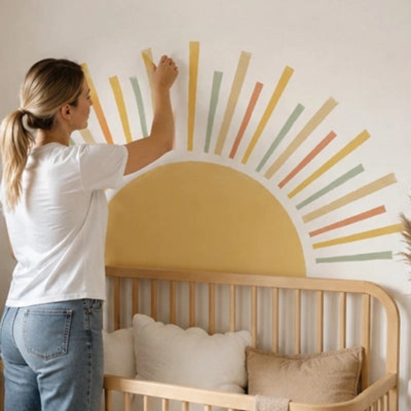 Stickers muraux chambre tête de lit soleil, maman qui colle les rayons pastel