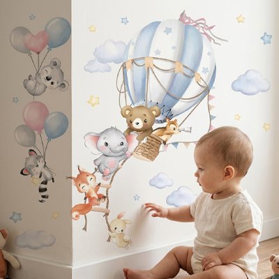 Stickers muraux chambre thème montgolfière et animaux
