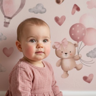 Stickers muraux enfant fille tons pastel rose poudré, beige et gris
