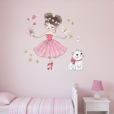 Stickers muraux enfant thème ballerine et chaton