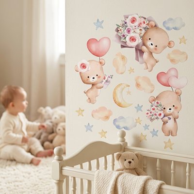 Stickers muraux enfant  thème oursons et ballons roses