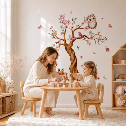 stickers chambre bébé fille arbre fleuri rose et hibou