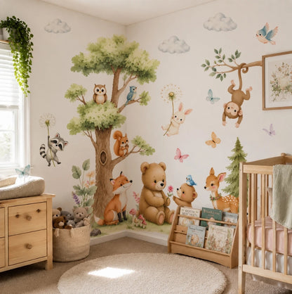 stickers muraux arbre dans un angle de chambre, ours et faon près du lit
