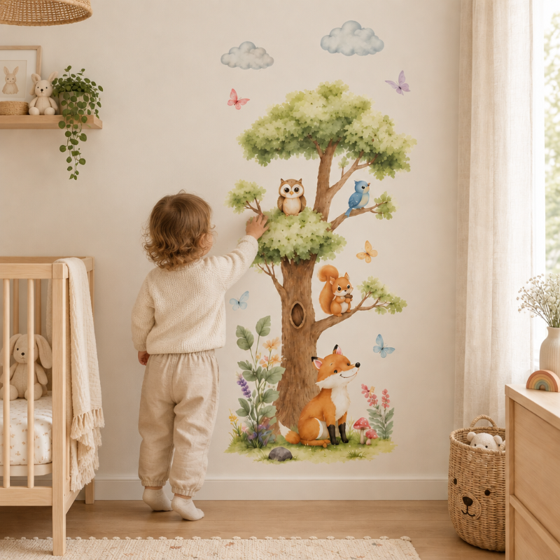 stickers muraux arbre, enfant touchant le hibou et l'écureuil près d'un lit bébé