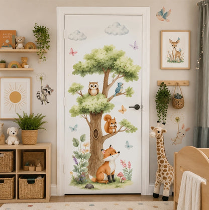 stickers muraux arbre sur une porte blanche, hibou, écureuil et renard