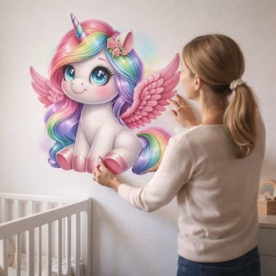 stickers muraux chambre bébé fille autocollant licorne arc-en