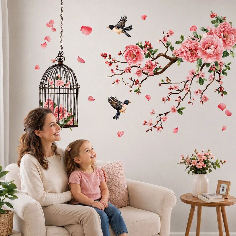 stickers muraux fille branche fleurie et cage à oiseaux