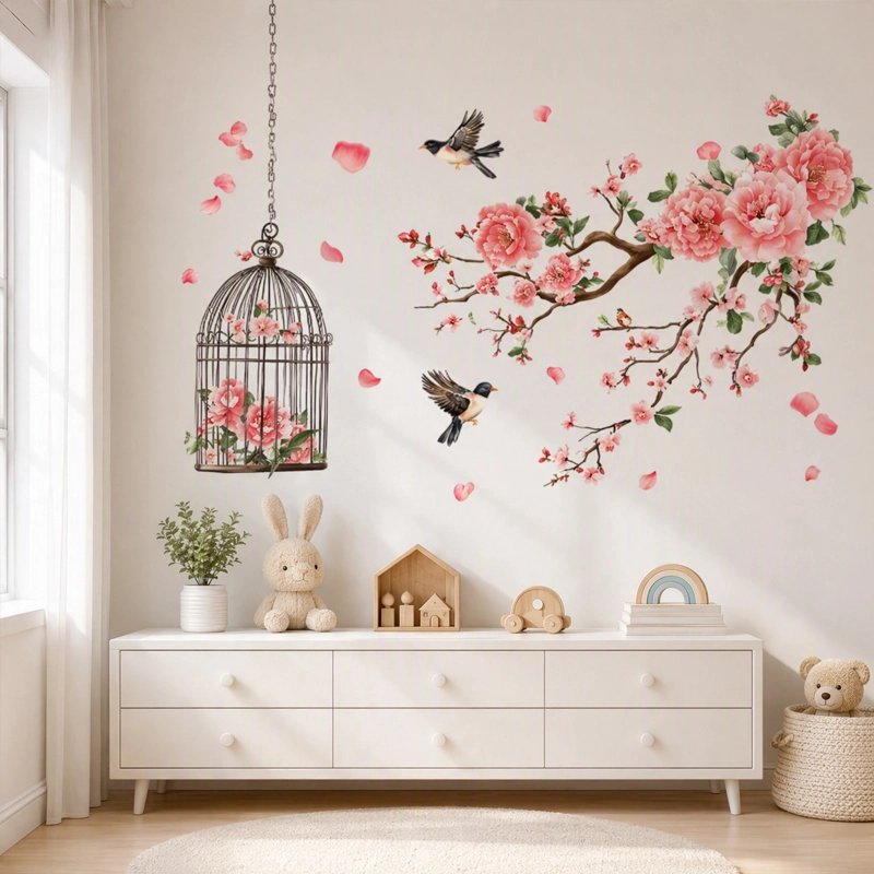 stickers muraux fille branche rose au-dessus de la commode